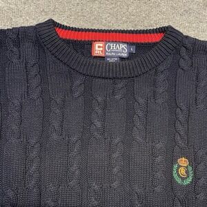 Vtg 90s Chaps Ralph Lauren Cable Knit Sweater Mens Large Navy Cotton Crest Logo